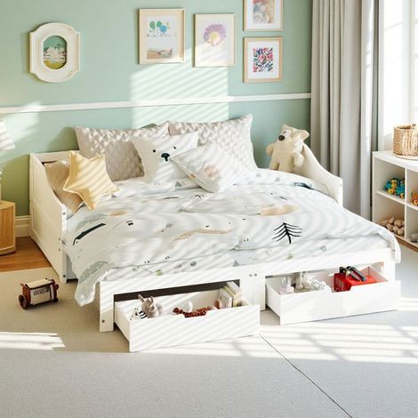 Lit gigogne 90x200 cm, Sofá-cama extensible con somieres de lamas, estilo contemporáneo, madera maciza, blanco (1/5)