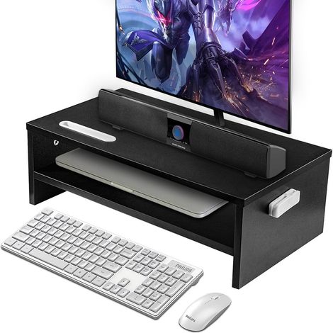 Trintion Wood Monitor Stand Riser with Smartphone Holder, Ergonomic Laptop Desk Printer Stand with Cable Management for Computer, Notebook, iMac, PC, 1 Tier Black (1/4)