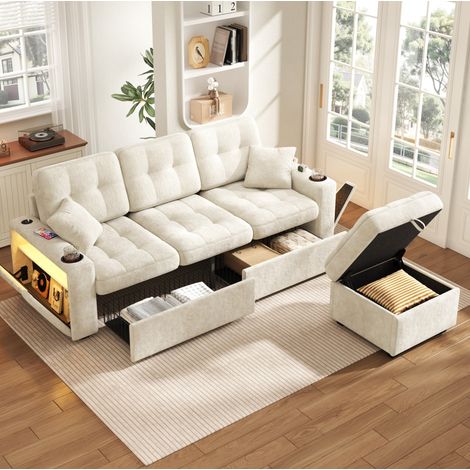 Ecksofa 194.5x133x83 cm Beige Chenille mit USB-C, LED, Becherhaltern und Stauraum (1/5)