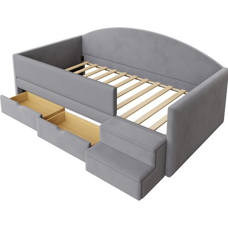 Letto imbottito bambino 90 x 190 cm con 2 cassetti e gradini di sicurezza in velluto grigio (1/5)