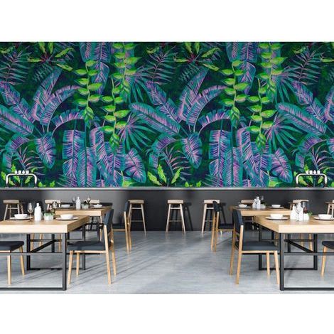 Papier peint panoramique feuillage tropical Tapisserie panoramique idéale pour bureau Papier peint panoramique exotique vert, bleu et violet (1/3)