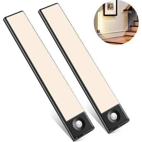 Lumière à capteur LED, éclairage de placard rechargeable avec détecteur de mouvement, éclairage sous meuble ultra fin pour cuisine, armoire, escalier, 2 pièces (1/4)