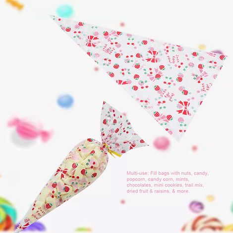 Sachets cellophane transparents 50 pièces en forme de cône pour pop-corn, bonbons et friandises, avec attaches torsadées, cerise, idéal fêtes et buffets (1/3)