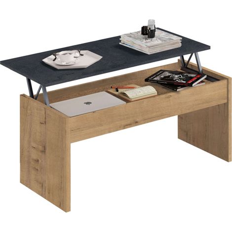 Table basse relevable chêne doré et marbre – Hauteur 47-58 cm – Largeur 100 cm – Profondeur 50 cm – Rangement intérieur accessible – Muebles Pitarch (1/5)