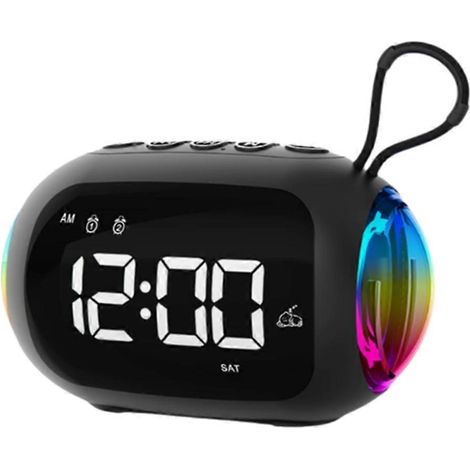 Réveil portable, radio FM, enceinte Bluetooth, lumière colorée, caisson de basses, écran à luminosité réglable, double réveil, lecteur de musique, noir. (1/5)