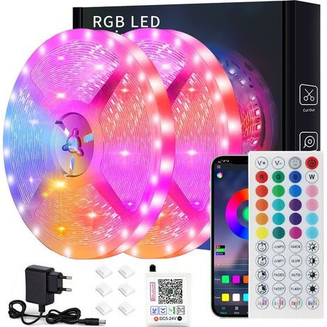 Ouylaf – Ruban LED 20M multicolore – Bluetooth 5050 RGB – Contrôle APP et télécommande – Synchronisation musique – 28 modes dynamiques - 10mx2