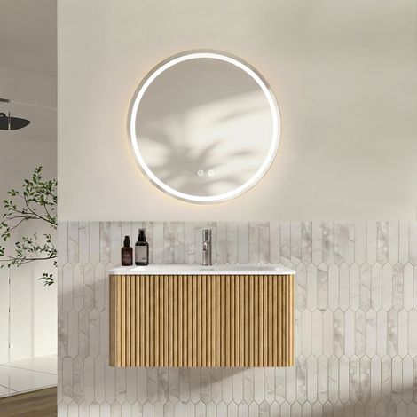 Mueble de baño suspendido con lavabo y espejo LED redondo de 80 cm, roble, OKMYHOME (1/5)
