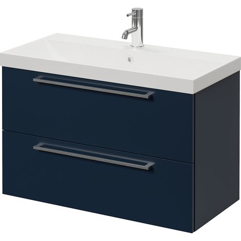 Napoli 390 Deep Blue 800mm Wall Mounted 2 Drawer Vanity Unit with Rimini Basin - 800mm - Chrome 480mm Handle