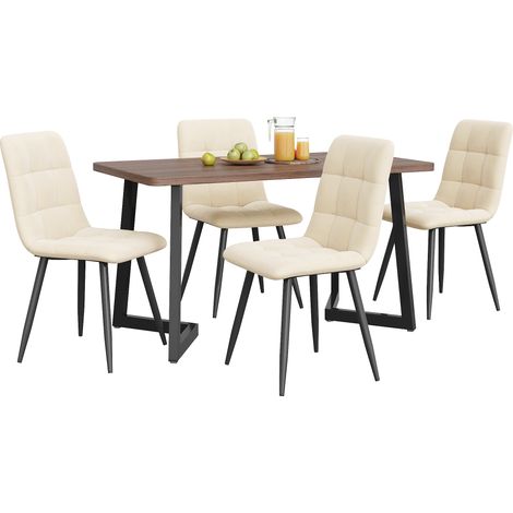 Essgruppe mit 1 Esstisch und 4 Stühlen, Modernes Design, MDF, Metall und Samt, Walnussfarben und Beige (1/5)