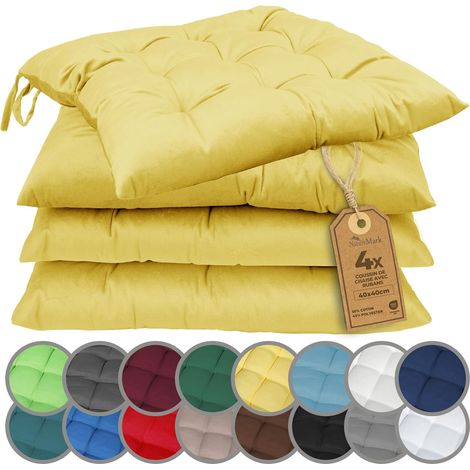Set of 4 Pads of Chairs with Tape 40x40 cm – Cushion of Chair Thick for Indoor & Garden – Color Yellow (1/5)