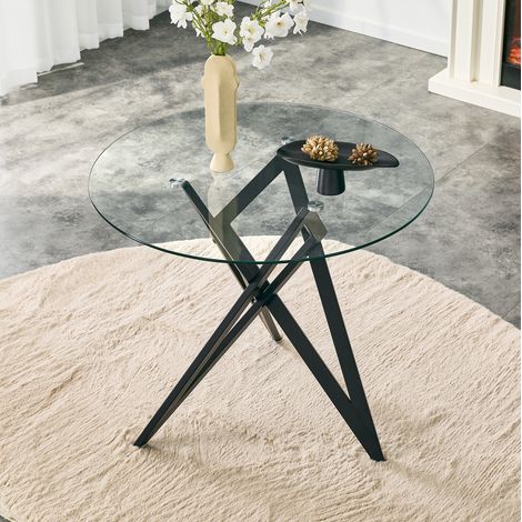Mesa de centro redonda de vidrio templado Ø 85 cm con base geométrica de metal negro DESVIAE (1/5)
