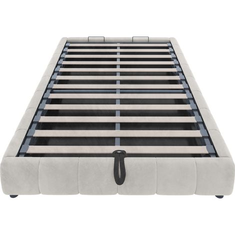 Lit rembourré 140 x 200 cm, sans tête de lit, avec bande lumineuse LED (blanc uni), cadre de lit suspendu hydraulique avec rangement, lit simple, lit pour jeunes, beige (1/5)