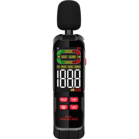 Sonómetro digital profesional de 30-130 dB para uso doméstico, portátil, con pantalla LCD retroiluminada, indicador de mínimo/máximo y función de retención de datos. (1/5)