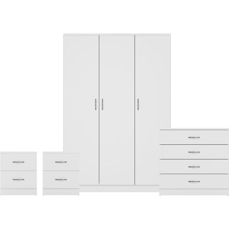 Riano 4 Piece Bedroom Set (2 Drawer Bedside Chest, 4 Drawer Chest, 3 Door Wardrobe), White (1/3)