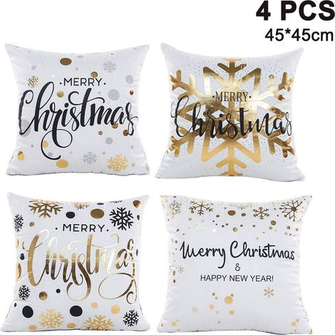 Quatre housses de coussin de 45x45cm, housses de coussin décoratives de Noël pour canapé, coussins carrés en coton et lin. (1/5)