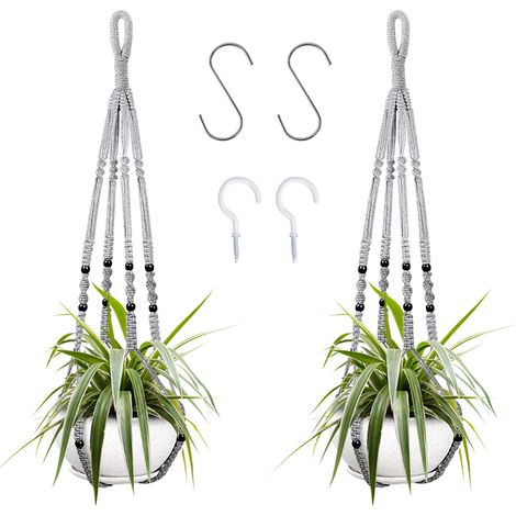 Lot de 2 Pots de Fleurs à Suspendre en macramé, paniers de Fleurs d'intérieur avec Perles de Bois décoratives en macramé pour décoration d'intérieur (Gris) (1/2)