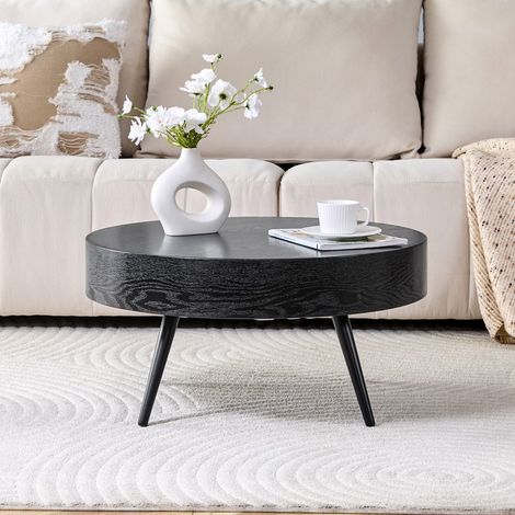 Table Basse Ronde - 70x70x35.5cm - Effet Bois Noir Style Minimaliste Salon Petit Espace Pieds Métal - Noir (1/5)