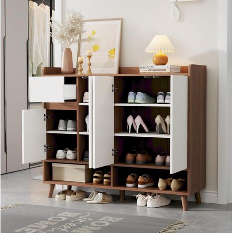 Credenza 4 ante e 1 cassetto, con ripiano regolabile, in truciolare, bianco e naturale, 120x35x99 cm (1/5)