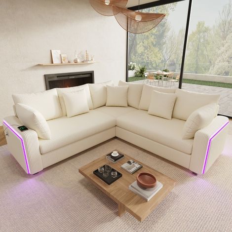 Divano angolare a L a 5 posti - 198x198x83 cm - Divano moderno con LED Bluetooth e porte USB di ricarica - Velluto a coste beige (1/5)