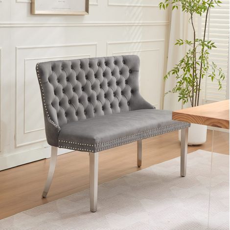Banquette de salle à manger 2 places en velours gris, pieds en acier inoxydable, dossier capitonné à boutons faits main,58×116×89.5cm (1/5)