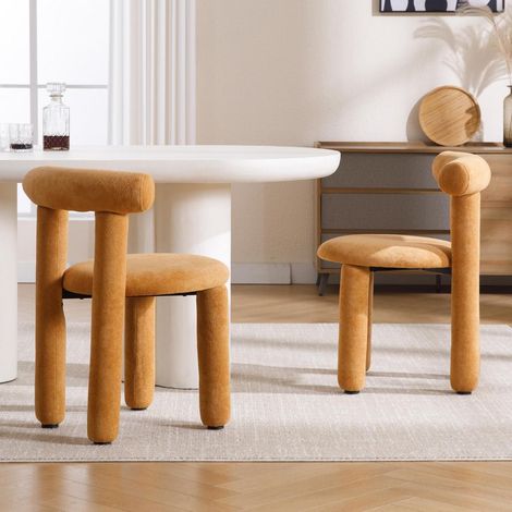 Esszimmerstühle 2er Set Kunstfell Ocker mit Rückenlehne, Polsterstuhl, stabil, bequem (1/5)