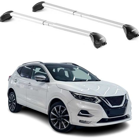 OMAC Barres de toit transversales certifiées TÜV pour Nissan Qashqai J11 2013-2021 – Verrouillables (4 antivols) – Charge max 100 kg – Sangle inox + protection caoutchouc Argent (1/4)