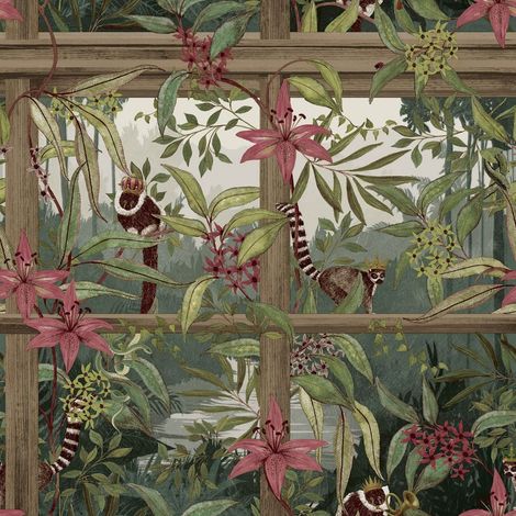 Tropical Lemur Wood Effect Wallpaper Botanical Trellis Green Pink Feature Wall (1/4)
