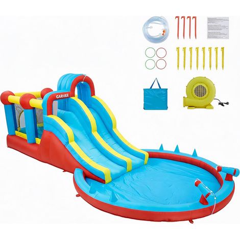 Parc aquatique gonflable 8 en1 enfant, 2 toboggans aquatiques, piscine et mur escalade, jeu lancer anneaux, tissu Oxford 840D (1/5)