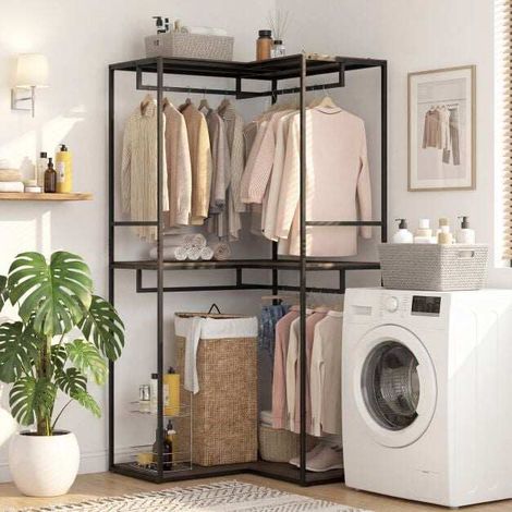 Portant à vêtements d'angle, garde-robe avec étagères de rangement et tringle de suspension, portant robuste 100 x 100 x 200 cm (1/5)