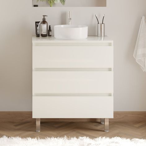 Meuble de salle de bain 60cm avec plateau et vasque à poser ronde - 3 tiroirs - sans miroir - blanc brillant - MAYOR