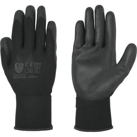 Neri Safety Guantes de Trabajo de Poliéster Revestido de Poliuretano Negro Talla 10 - Paquete de 12 Pares