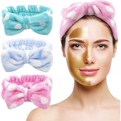 Lot de 3 bandeaux à nœud en polaire corail (pois bleus, pois verts et pois rouges pastèque) – Bandeaux doux et extensibles pour se laver le visage, se maquiller et profiter d'un moment au spa (1/5)