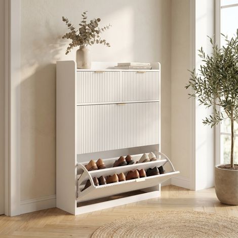 Schuhschrank aus Holz 80x24x110 cm, Flurmöbel, Schuhkipper mit 2 Schubladen und 2 Klappen, modernes skandinavisches Design, Weiß