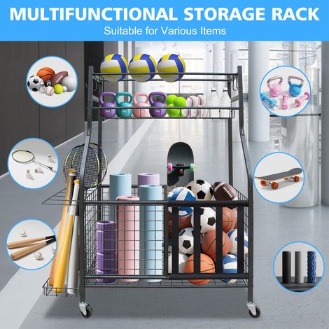 Support de rangement à roulettes pour ballons de sport, chariot organisateur de grande capacité pour garage, équipement polyvalent d'intérieur et d'extérieur (1/5)