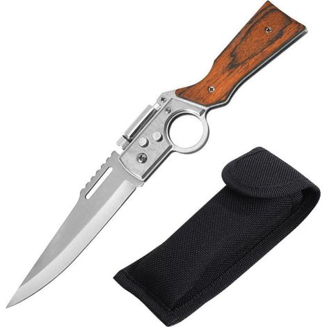 Klappmesser mit Holzgriff, 3-in-1 Multifunktions-Survival-Messer mit LED-Licht und Gürteltasche