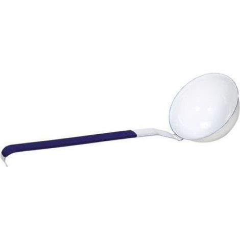 Louche - Acier Émaillé - Diamètre 10 cm - Longueur Totale 36,5 cm - Blanc Avec Bordure Bleue - 1 Pièce