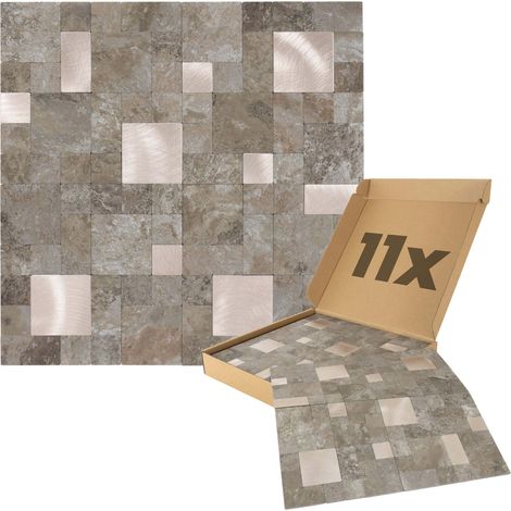 Wandpaneele selbstklebend Steinoptik 1m², 11 Stück Wandverkleidung feuchtigskeitsbeständig, Premium Qualität für Bad und Küche, Quadrat Rechteck Form - Beige Gold (1/5)