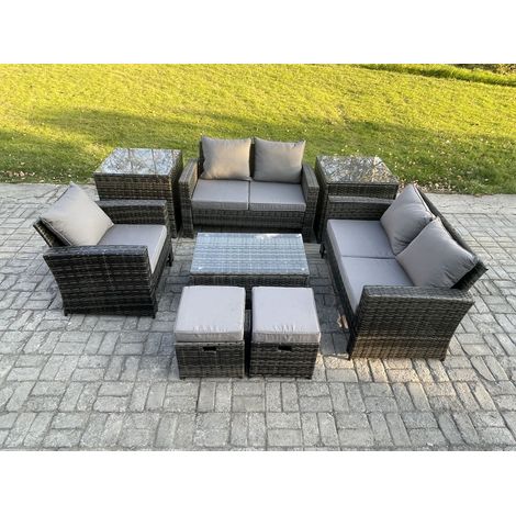 Fimous Rattan Garden Furniture Set 7 Seater Patio Outdoor Lounge Sofa Chair Set with Rectangular Coffee Table 2 Small Footstools 2 Side Tables Dark Grey Mixed (1/5)