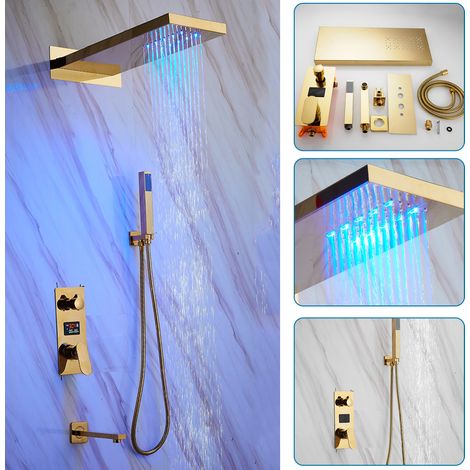 Ensemble d'accessoires de douche encastrés avec éclairage LED tricolore, ensemble de douche avec affichage numérique, ensemble de douche encastré avec douchette à main (1/5)