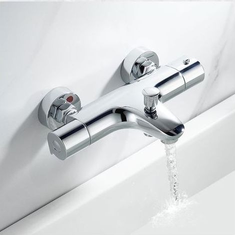 Mitigeur thermostatique de bain, mitigeur thermostatique de douche en laiton, robinet de baignoire avec butée de sécurité 38 °C, robinet de douche mural à deux sorties, entraxe de 150 mm, chromé (1/5)