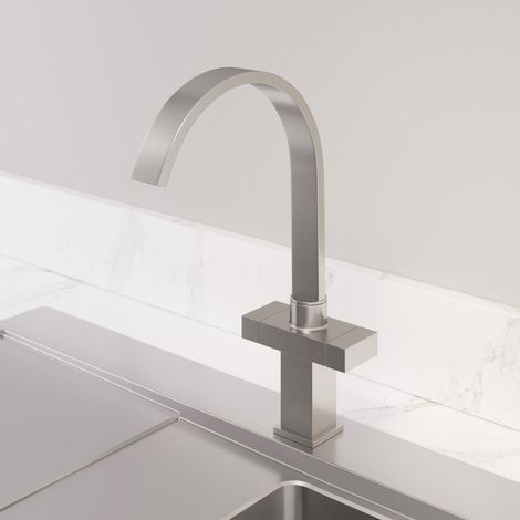 Kitchen Tap Dual Twin Lever Modern Mono Sink Mixer Hot Cold Faucet - Aarau Brushed Finish (1/5)