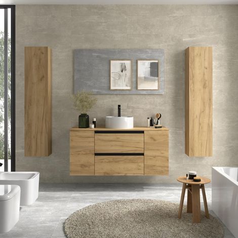 Meuble de salle de bain BEQUIA PLUS METAL 120cm Chêne Vasque à poser Porcelaine Centrale 1P (1/5)