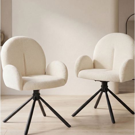 Set de 2 sillas de comedor giratorias color crema con reposabrazos, tejido efecto terciopelo y patas metálicas (1/5)
