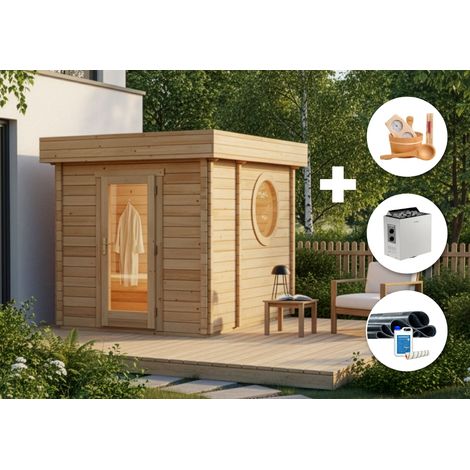 Kit tout-en-un sauna extérieur Cubus Naturel , 70 mm Épaisseur de paroi 264 x 321 cm