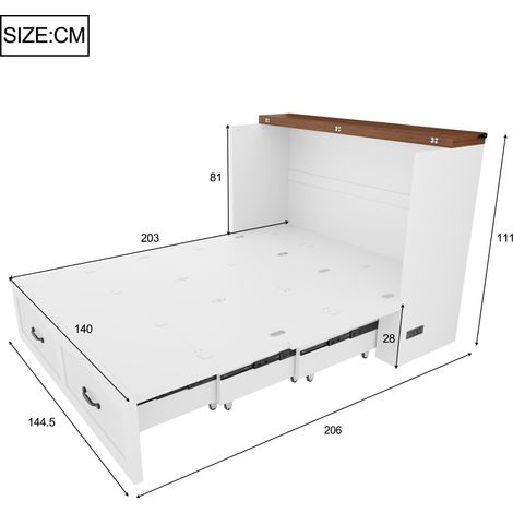 Lit pliant 140x200 cm, sommier rétractable avec rangement, prise européenne intégrée, cadre en métal robuste, roulettes silencieuses, blanc. (1/5)