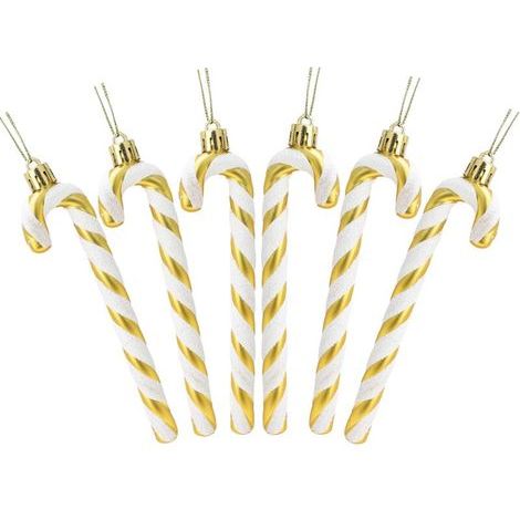 Pack of 6 Glitter Candy Cane Christmas Tree Decorations (Gold and White) (1/4)