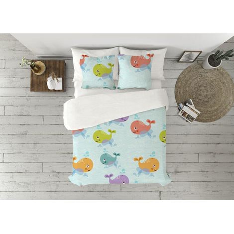 Housse de Couette 3 pièces, 100% Coton, 144 Fils, taie d'oreiller 45 x 110 cm, lit de 90, Fermeture à Rabat, Baleines Blanches