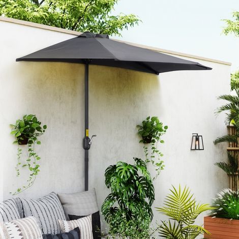 Demi-Parasol 2,7 x 1,4 m parasol de balcon avec ouverture fermeture manivelle 5 entretoises, gris