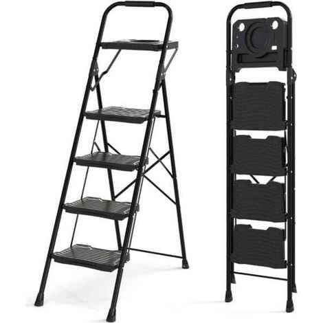 Pliage Rapide Escabeau Pliant 4 Marches Métal avec Tablette Porte-Outils et Marches Antidérapantes 150 kg (1/5)