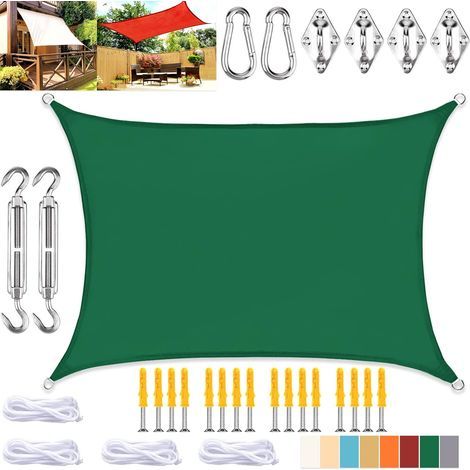 Voile d'ombrage rectangulaire, toile imperméable avec protection UV et kit de fixation, pour terrasse et jardin extérieur, vert foncé, 4 x 6 m (1/5)
